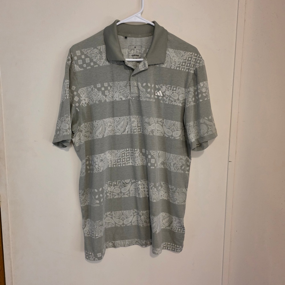 Adidas Mens Polo Shirt Size Medium Paisley Stripe Performance Golf Sports